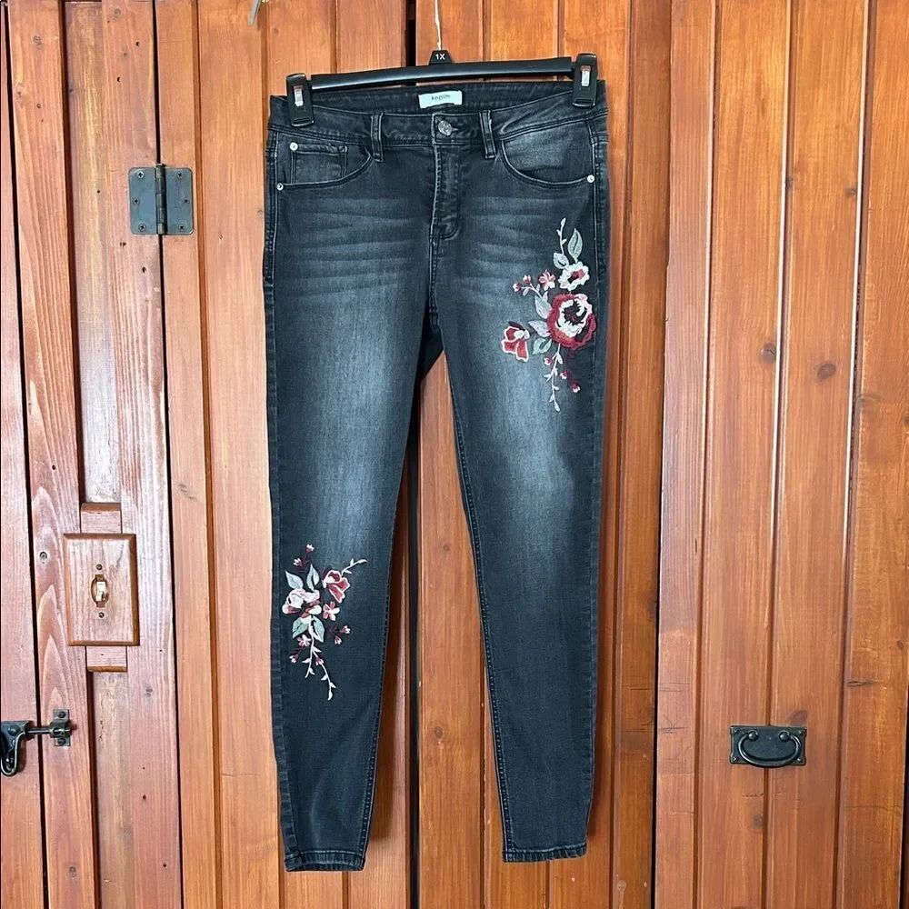 Kensie Black Jeans with Red Floral Embroidery